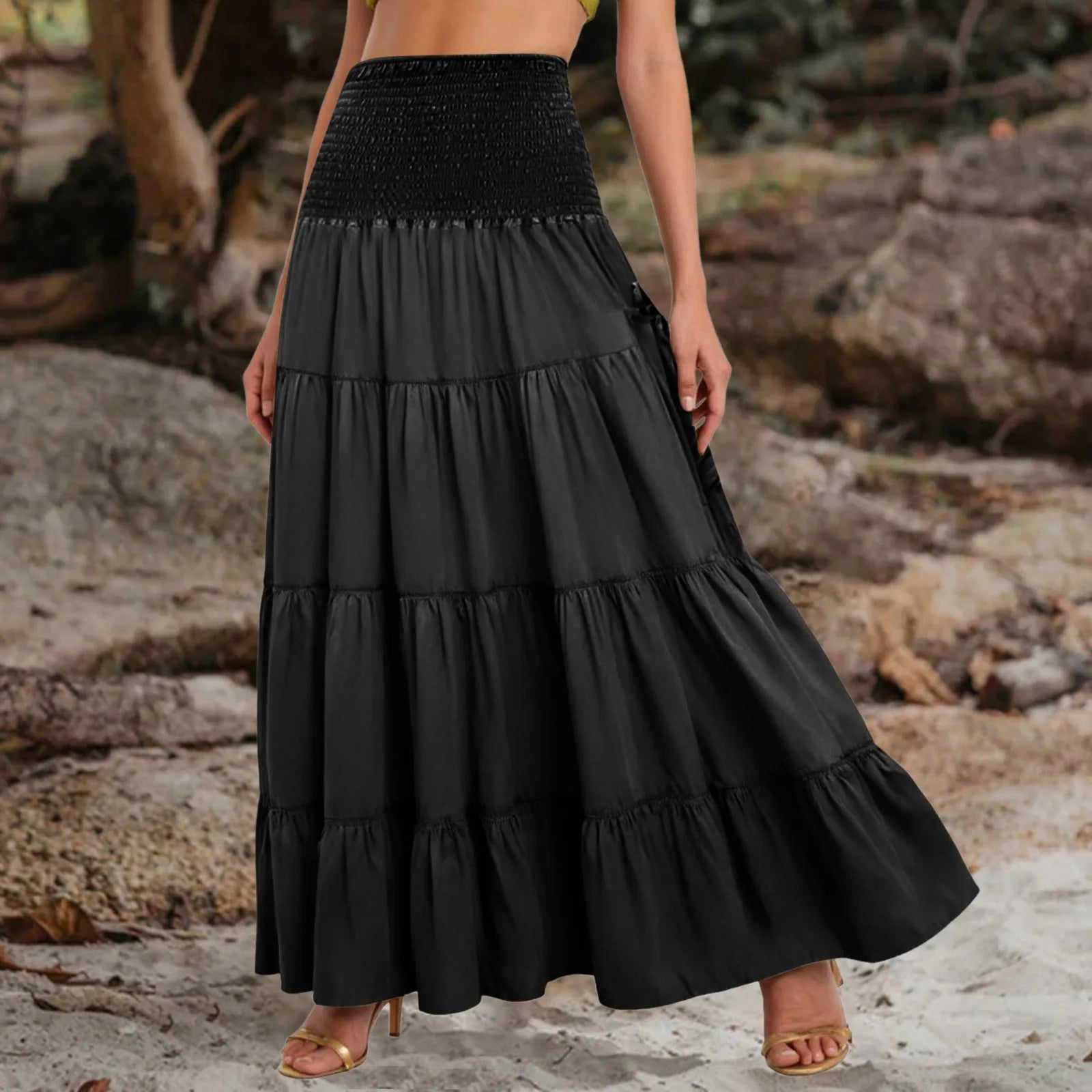 Boho Fairy Skirts Women Tiered Convertible Bustier Dress with Pockets Vintage Hippie Gypsy A-Line Maxi Skirt Versatile Sarong