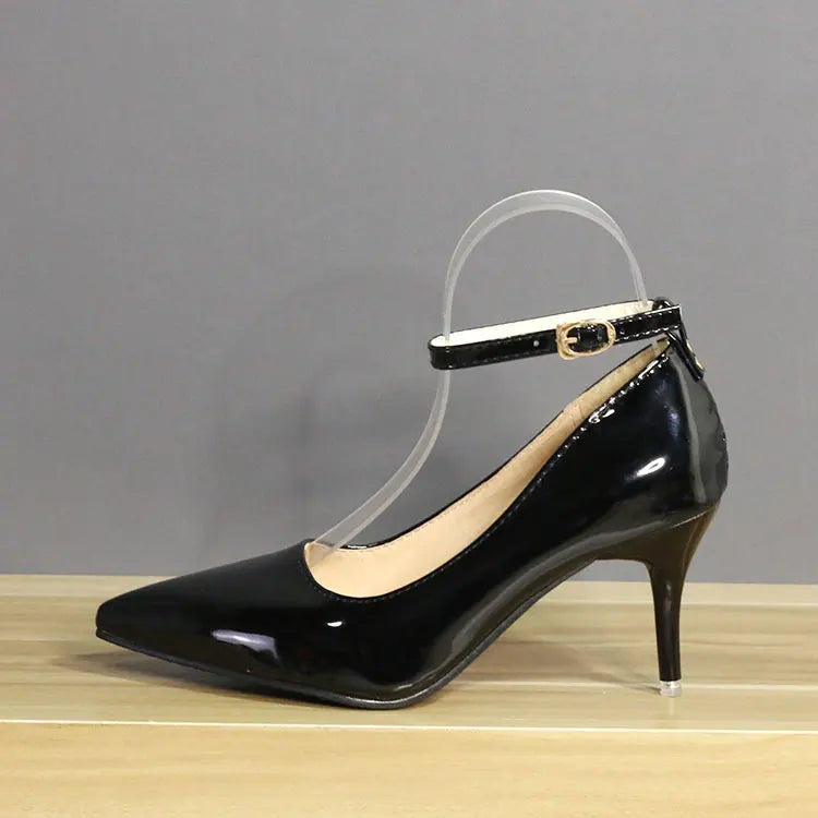 One Word Buckle High Heels 2025 Spring New Patent Leather Stiletto Heel Work Pumps Large Pointed Shallow Mouth Women's Shoes