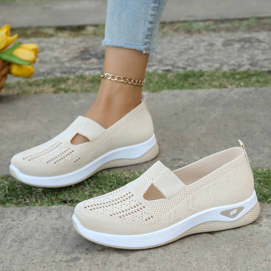 Women's shoes, women's casual shoes, solid color breathable sports shoes, soft-soled lightweight walking shoes, low-top knitted