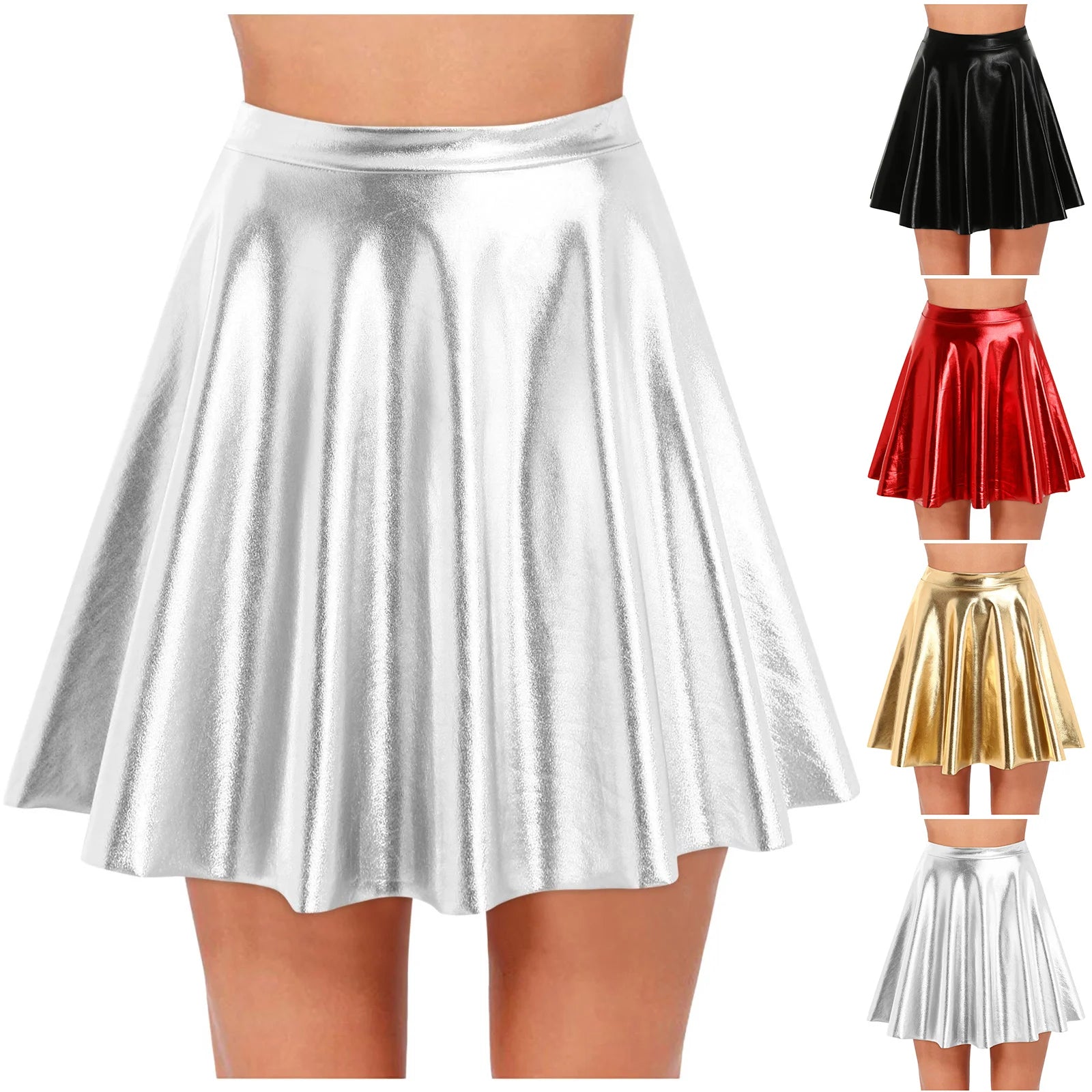 Women's Hight Waist Skirt Shiny Skater Skirt Sparkly Shiny Flared Pleated A Line Mini Skort Girls' Carnival Cosplay Skirt