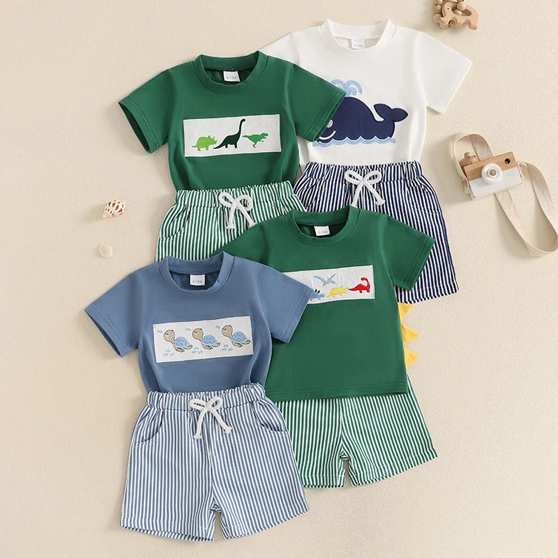 Lioraitiin Toddler Baby Boy Shorts Set Whale/Dinosaur/Turtle Short Sleeve T-shirts Striped Elastic Waist Shorts Summer Outfit