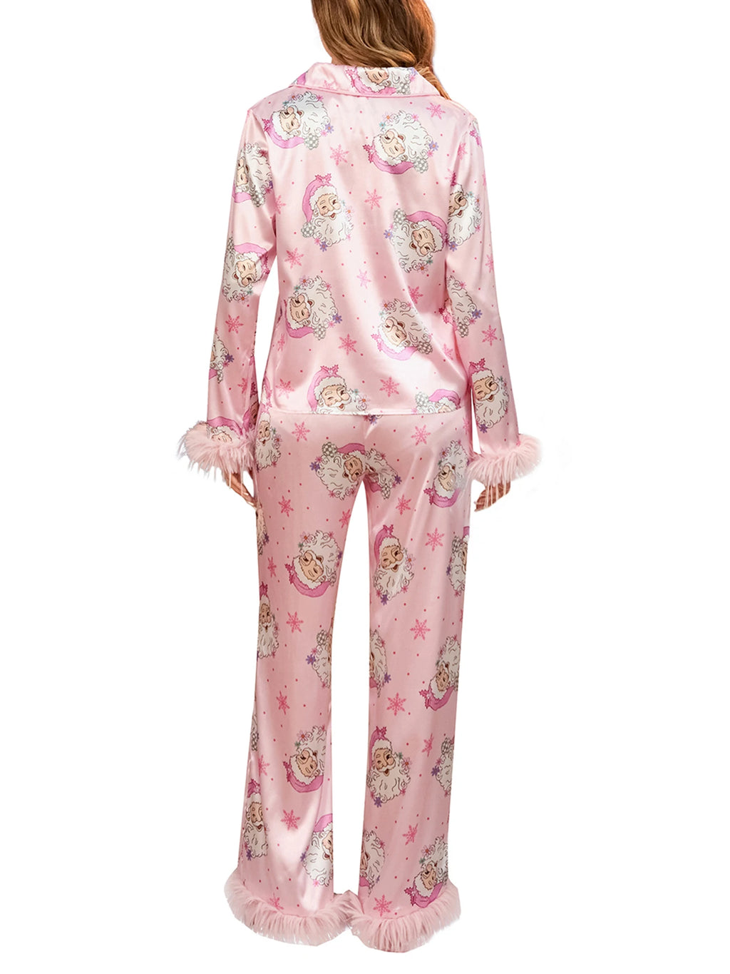 Matching Family Christmas Pajamas Set with Santa Print Button Down Long Sleeve Lapel Tops and Pants for Mommy and Me Sleepwear