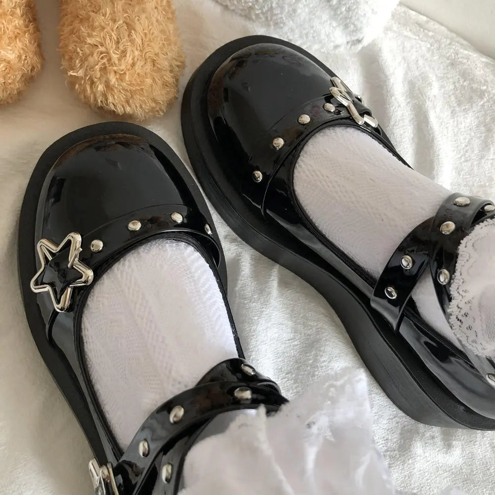 Women heels Lolita shoes platform mary jane Shoes Star Buckle Strap Mary Janes Women Cross-tied Girls Rivet Casual Shoes kawaii