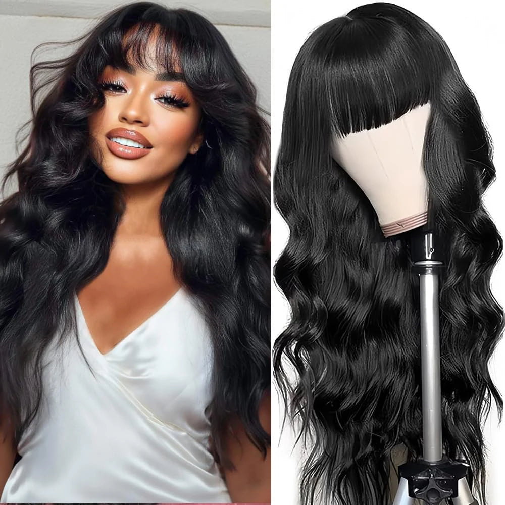 Body Wave Human Hair Wig with Bangs Middle Part 3x1 Lace Frontal Wig with Bangs Brazilian Human Hair Body Wave 34 Inch for Women