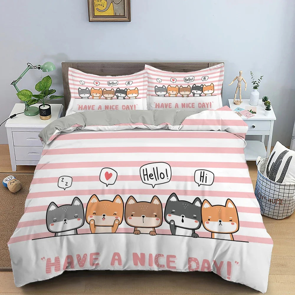 Cute Pink Pet Cats Cartoon Kitten Print Duvet Cover Pillowcase Polyester Quilt Cover for Children Women Bedroom Decoration King