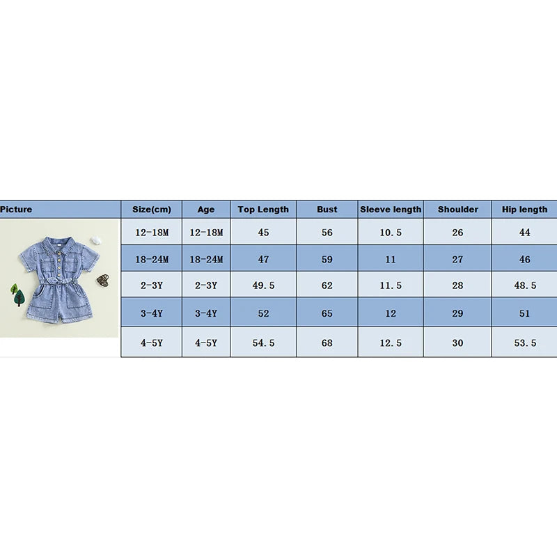 Toddler Girls Denim Overalls Shorts Short Sleeves Turn Down Collar Button Down Elastic Waist Jean Jumpsuit