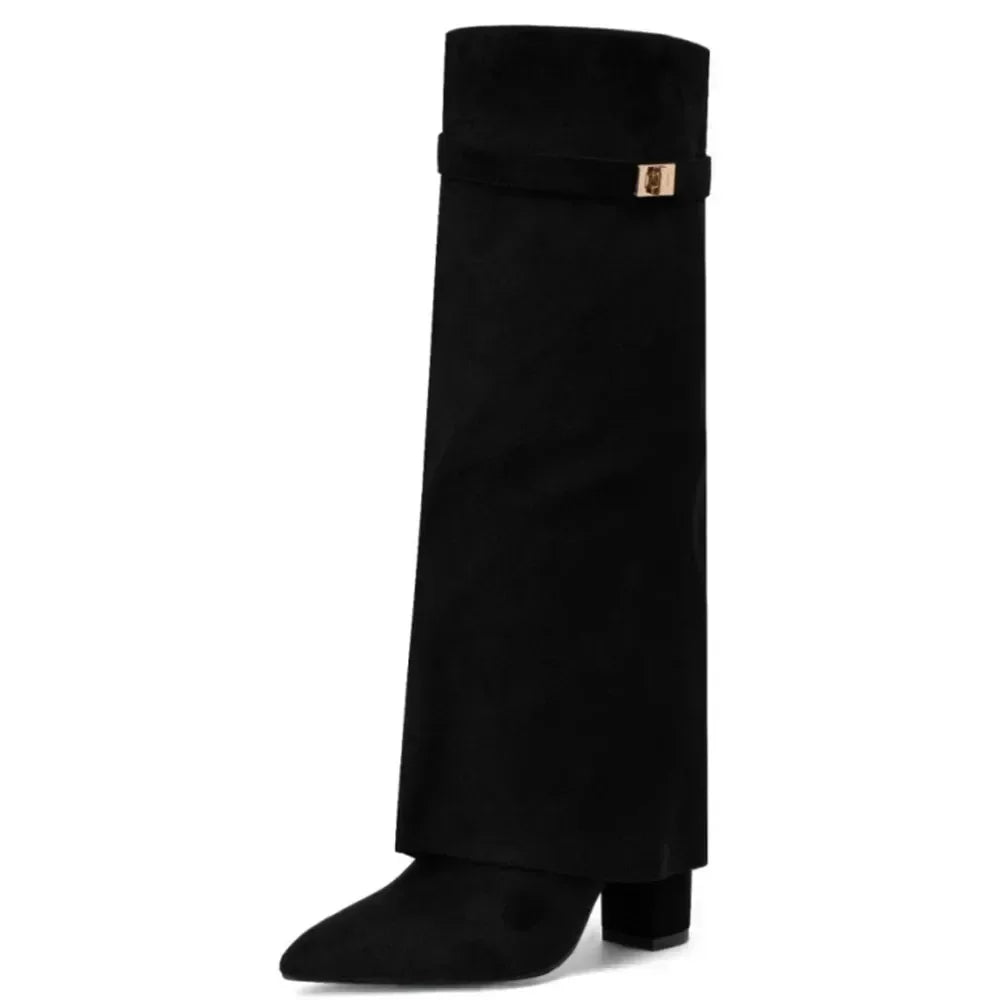 Ladies' Autumn and Winter New Pointed Knee High Women's Boots, Thick High-heeled Long Pants Boots, Fashionable Mid Rise Boots