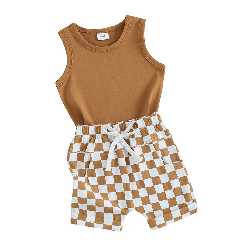 2023-12-09 lioraitiin Summer Baby Boy Clothes Solid Sleeveless Tank Top Checkered Shorts 2Pcs Outfit Set