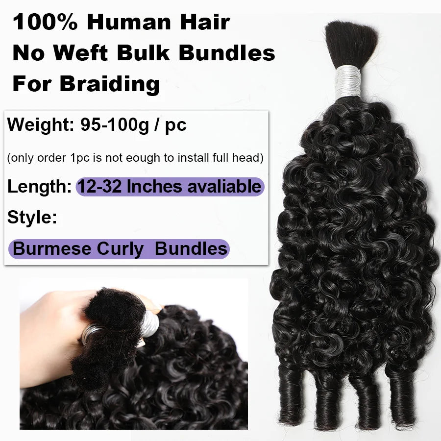 Lemoda Burmese Curly Bulk Human Hair Extension With Spail Ends Boho Braiding No Weft Bundles Virgin Hair 15A 1/2/3/4 PCS 12-32in
