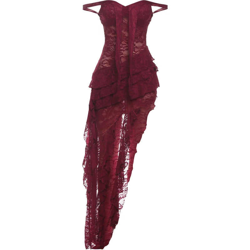 Cutenew Lace Emboridered Women Dresses Sexy Hot Sheer Off Shoulder Irregular Backless Bandage Vestidos Female Coquette Clubwear