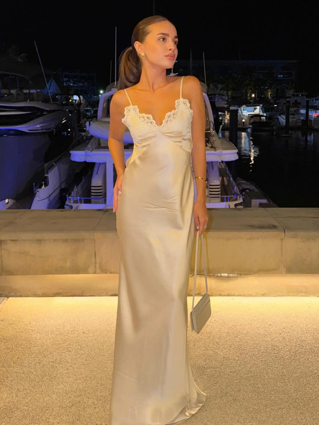 Lace Patchwork Sling Maxi Dress Women Sexy Solid V-neck Sleeveless Backless Satin Slim Dresses 2026 Lady Chic Party Evening Gown