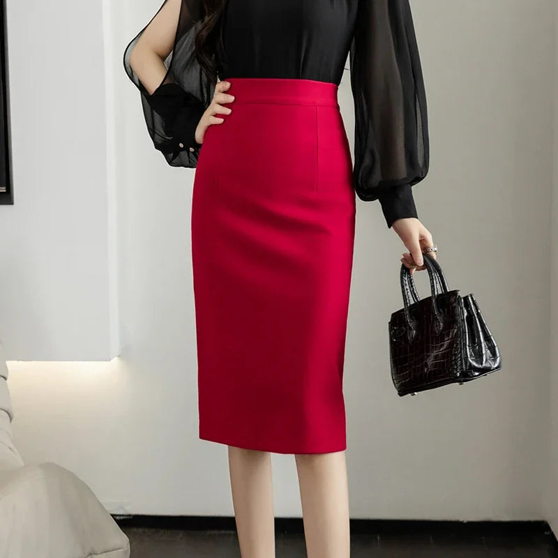 Fahsion Summer Office Black Skirts Women 2024 Elegant High Waist Gray Red Bodycon Skirt Sexy High Waist Midi Mujer Faldas S-2XL
