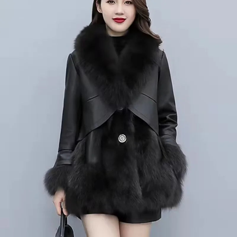 2025 Women Mid-Long Style Faux Fur Jacket Winter Female Pu Leather Splicing Fur Outwear Ladies Long Sleeve Thicken Warm Fur Coat