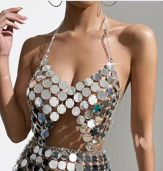 Women Sequin Chain Metal Tops Carnival Backless Metallic Hollow Adjustable Reflective Nightclub Top For Women топ женский