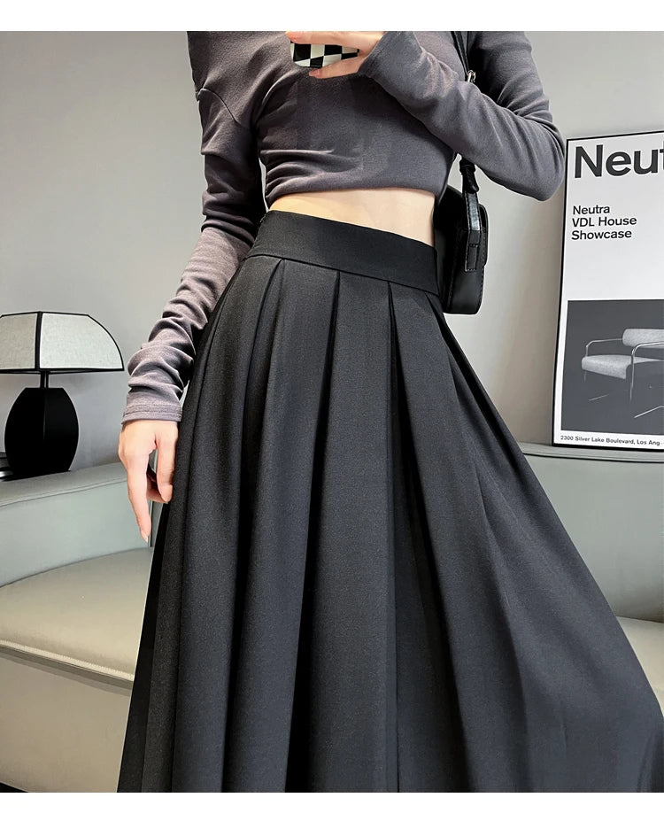 Beiyingni Women Long Suit Maxi Pleated Black Skirts Korean Fashion 2024 Autumn High Waist Slim A-line Skirt Ladies Gray Faldas