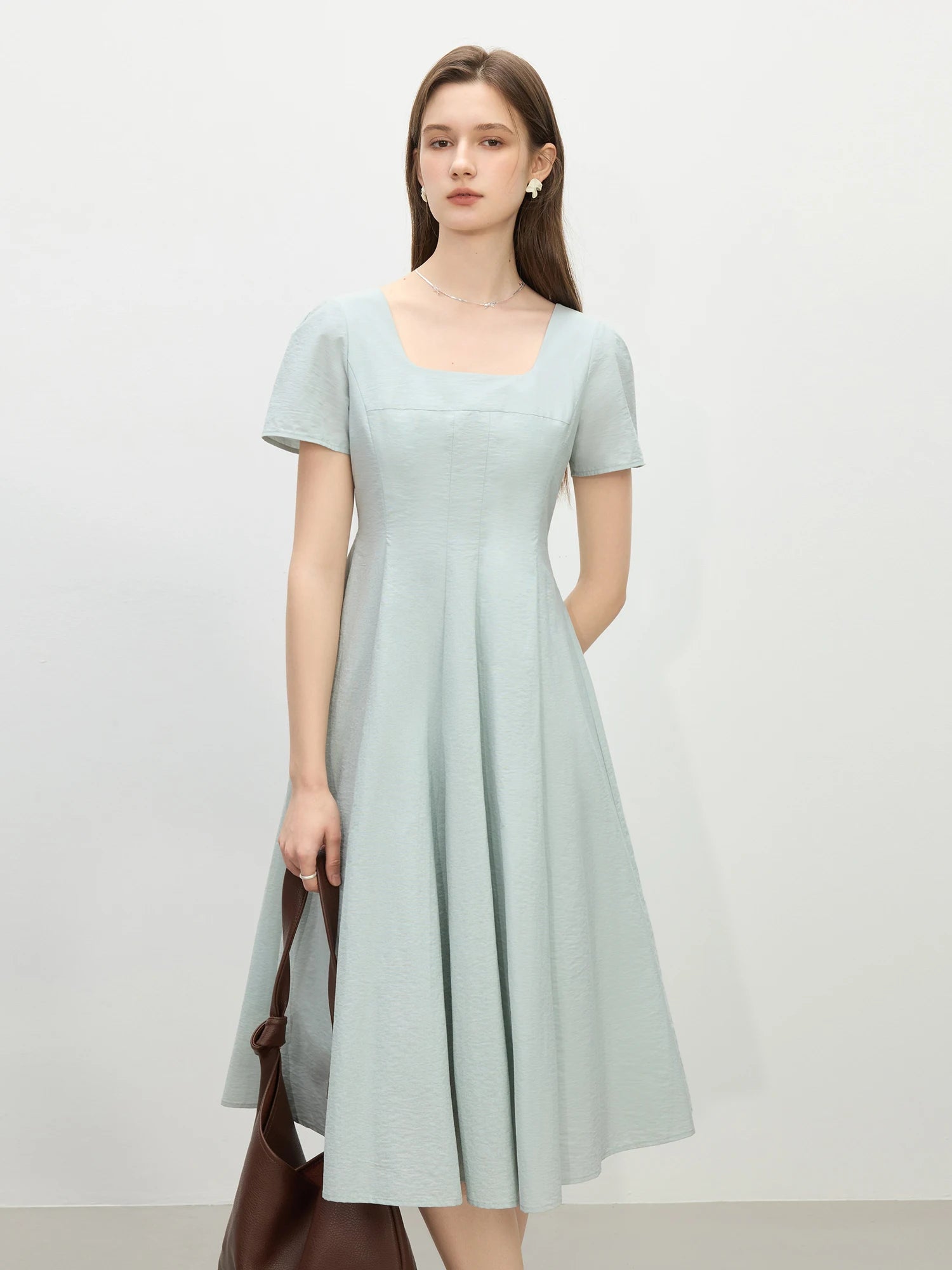 FSLE Gentle Temperament High Waist Short Sleeve Square Collar A-line Dress Female Summer 2025 New Arrival Long Dress 25FS12104