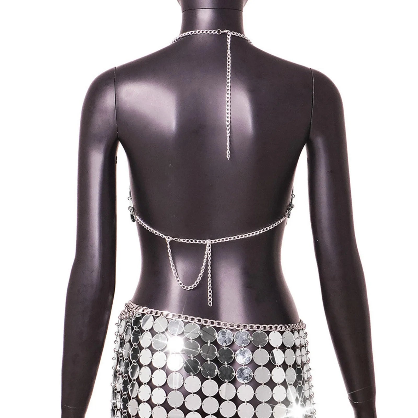 Women Sequin Chain Metal Tops Carnival Backless Metallic Hollow Adjustable Reflective Nightclub Top For Women топ женский