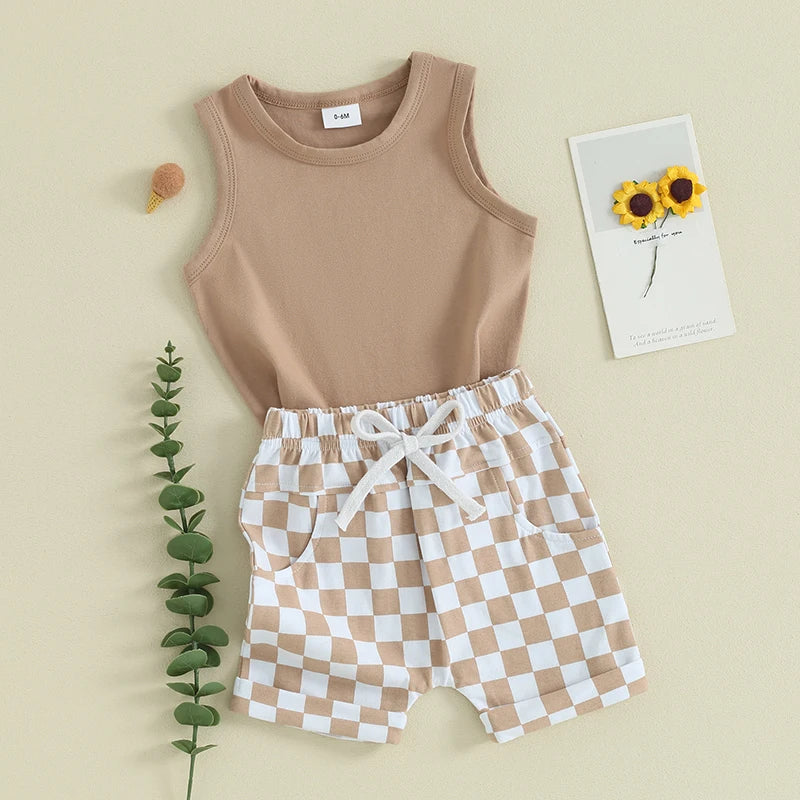2023-12-09 lioraitiin Summer Baby Boy Clothes Solid Sleeveless Tank Top Checkered Shorts 2Pcs Outfit Set