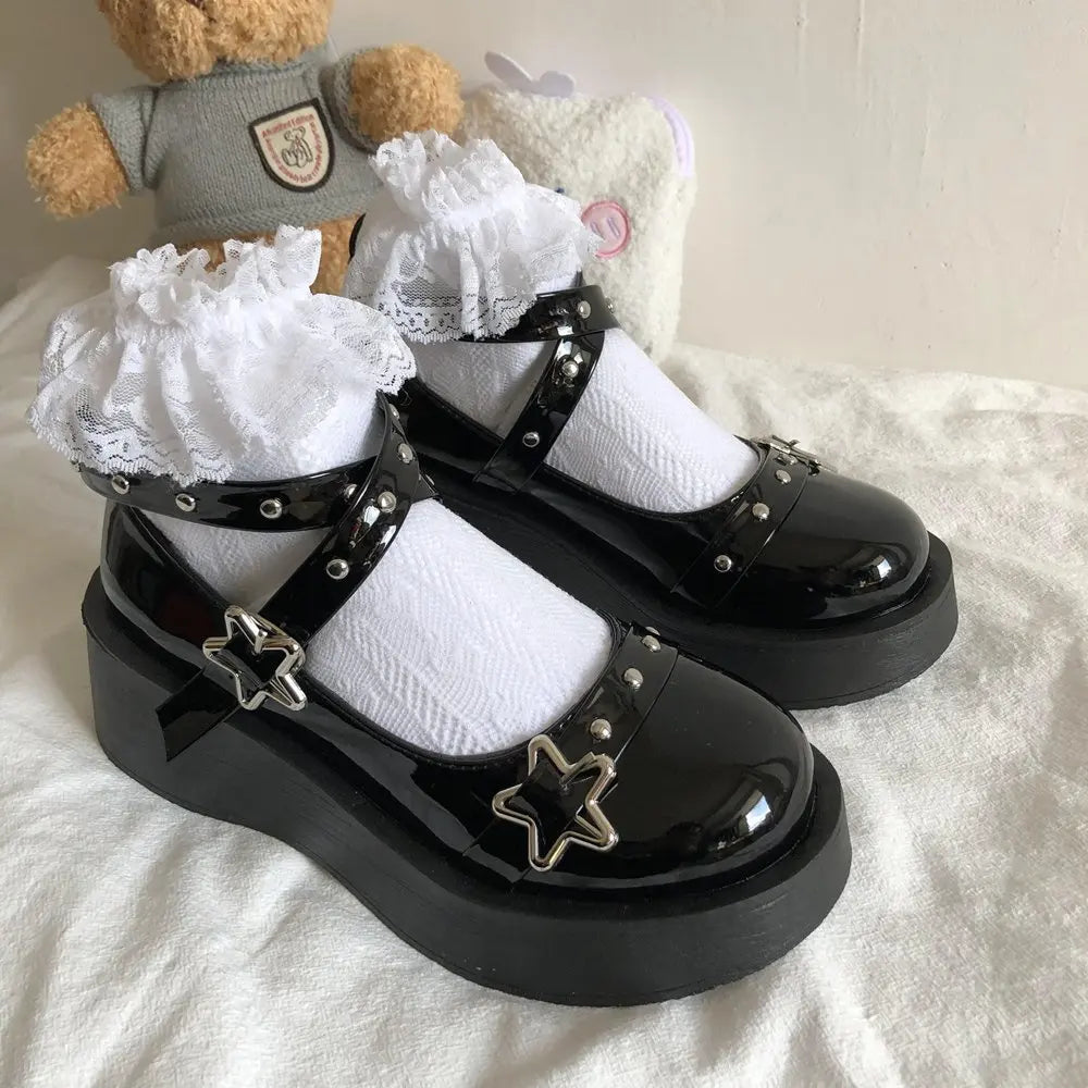 Women heels Lolita shoes platform mary jane Shoes Star Buckle Strap Mary Janes Women Cross-tied Girls Rivet Casual Shoes kawaii