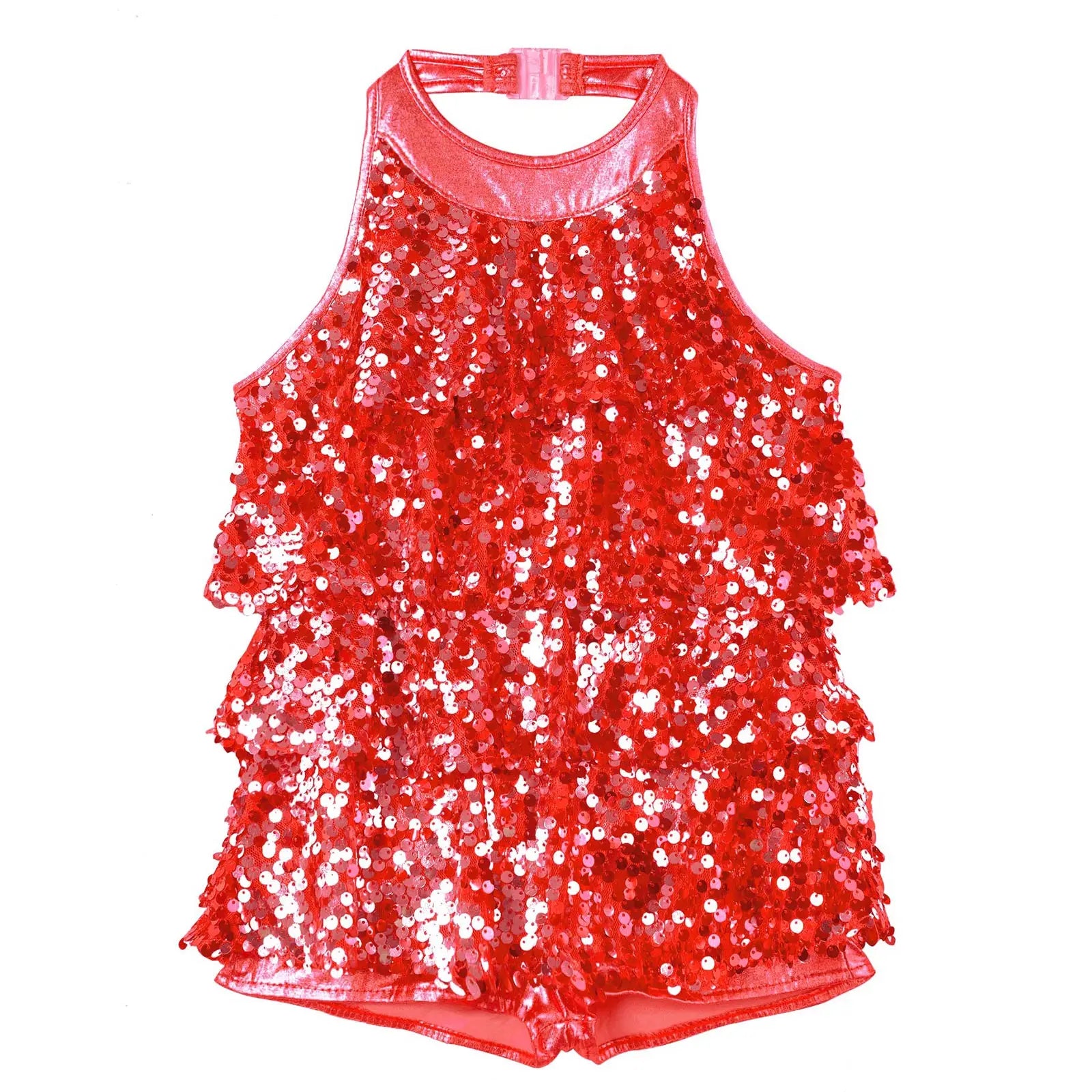 Shiny Sequins Kids Girls Halter Ballet Dance Stage Performance Dress Shorty Unitard Dress Modern Jazz Latin Dancing Costumes