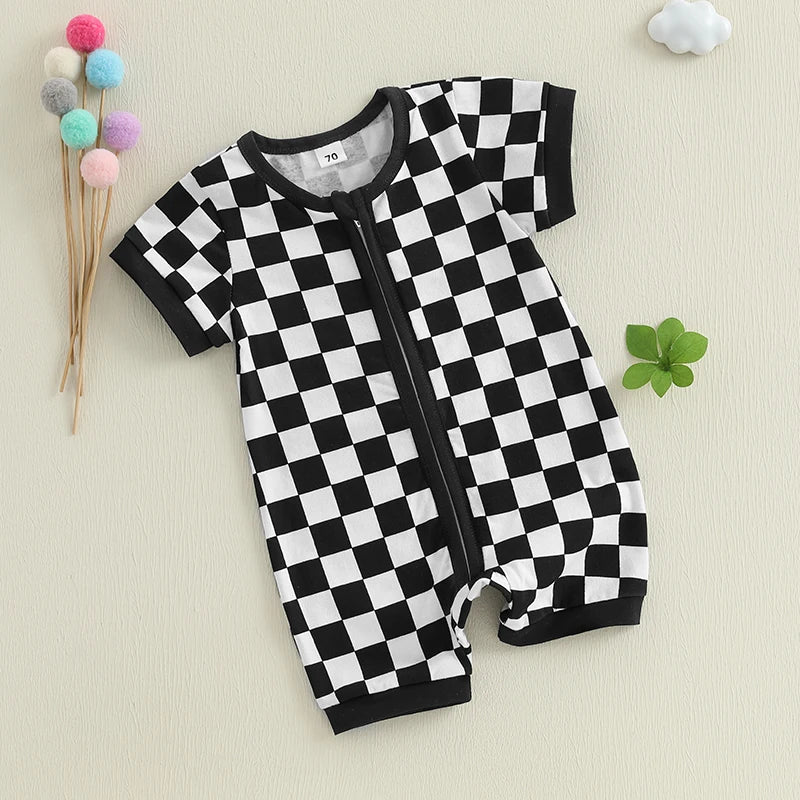 2025-02-06 Lioraitiin Baby Boys Summer Romper Checkerboard Print Short Sleeve Round Neck Zipper Front Jumpsuit