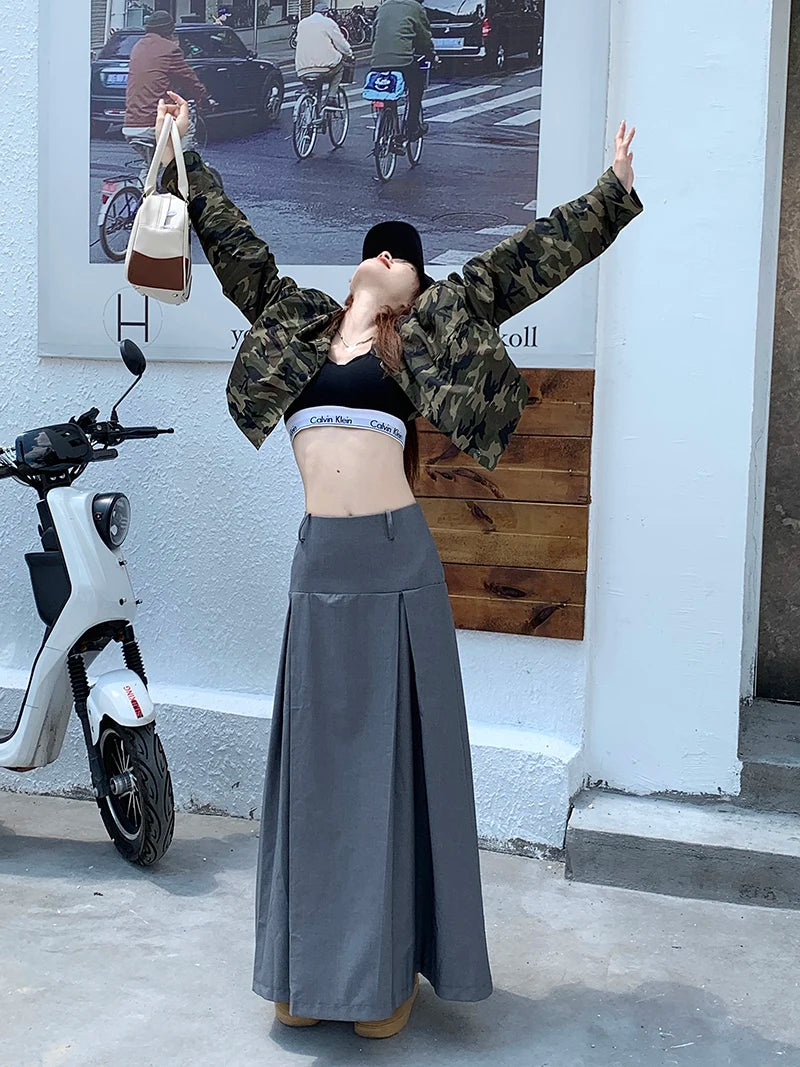 Qiukichonson Grey Midi Long Skirts Womens Trousers Skirt 2022 Autumn Winter Goth Lolita High Waist Asymmetrical Pleated Skirts