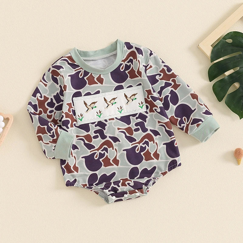 2024-04-19 Lioraitiin Autumn Baby Boys Romper Infant Long Sleeve Crew Neck Duck Embroidery Camouflage Romper