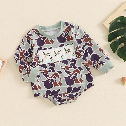2024-04-19 Lioraitiin Autumn Baby Boys Romper Infant Long Sleeve Crew Neck Duck Embroidery Camouflage Romper