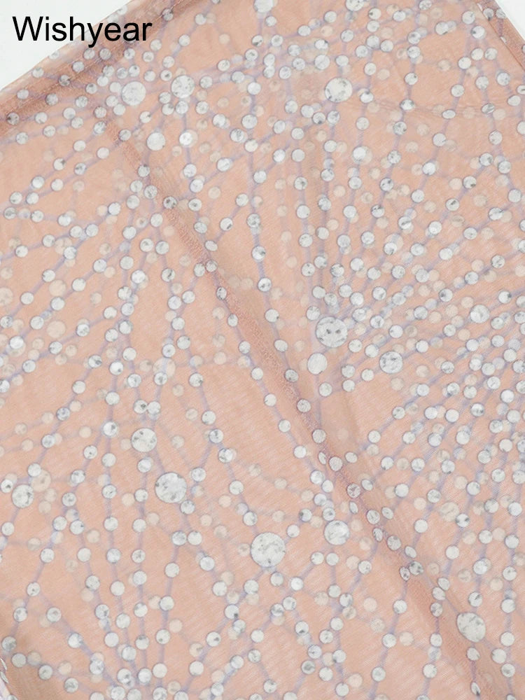 New Elegant Sheer Mesh Rhinestone Patchwork Pink Long Dress Women Sexy See Though 3D Flower Sleeveless Birthday Party Vestidos