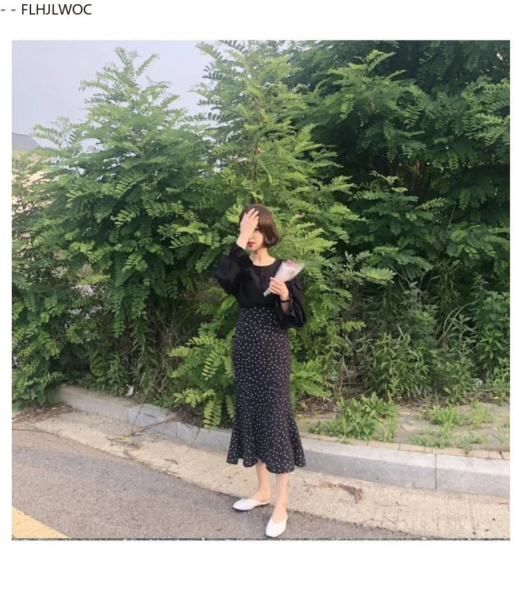 2024 Summer Skirt Long Hot Sales Women Black White Dot Preppy Style Girls Korean Design High Waist Black Skirt 3024