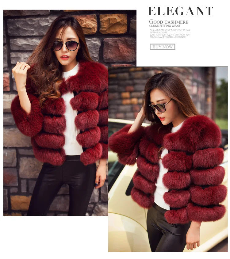 Women Faux Fox Fur Coats Zipper Short Coat Jackets Elegant Thick Warm Solid Jacket Lady Furry Outerwear Elegant Splice Winter