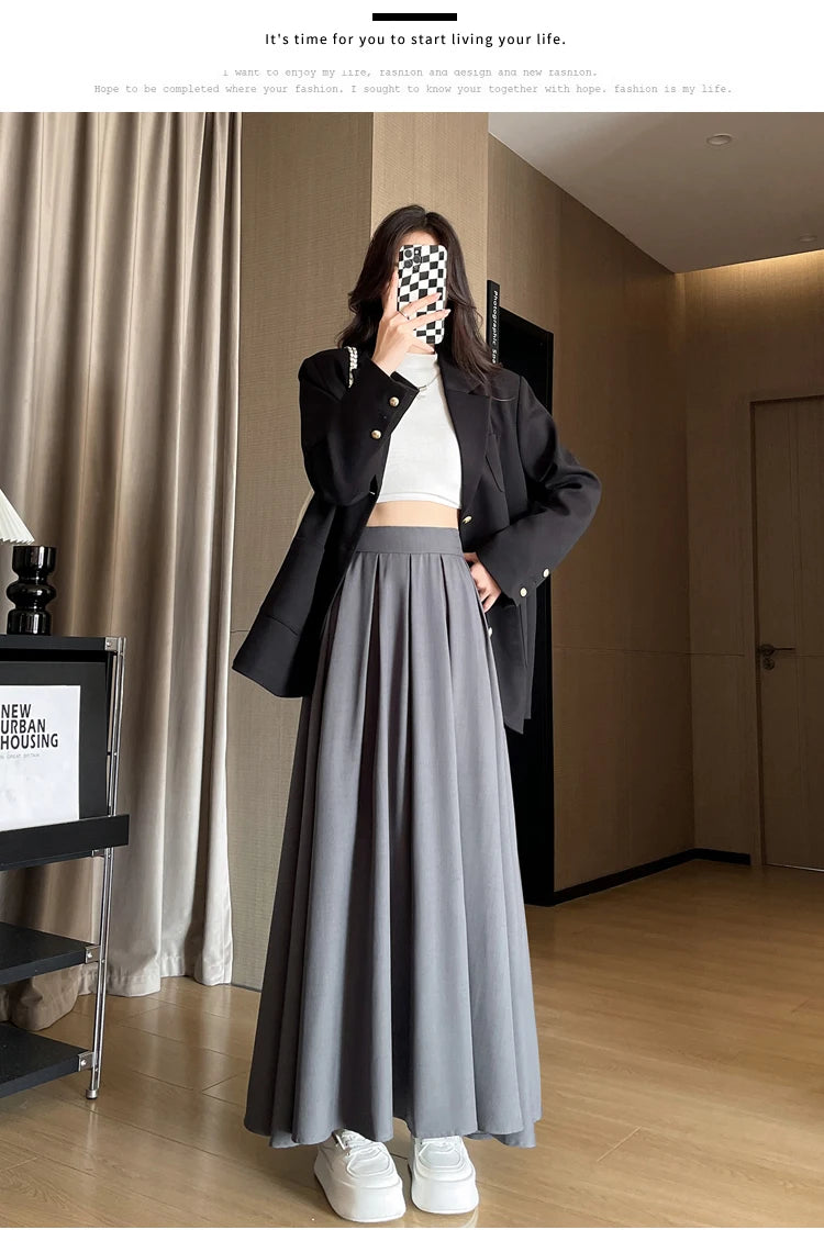 Beiyingni Women Long Suit Maxi Pleated Black Skirts Korean Fashion 2024 Autumn High Waist Slim A-line Skirt Ladies Gray Faldas