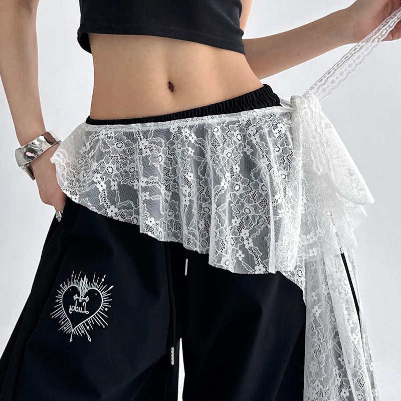 Jeans Pants Decor Embroidered Flower Lace Mini Skirt Irregular See Through Ruched Skirts High Waist Harajuku Pleated Skirts