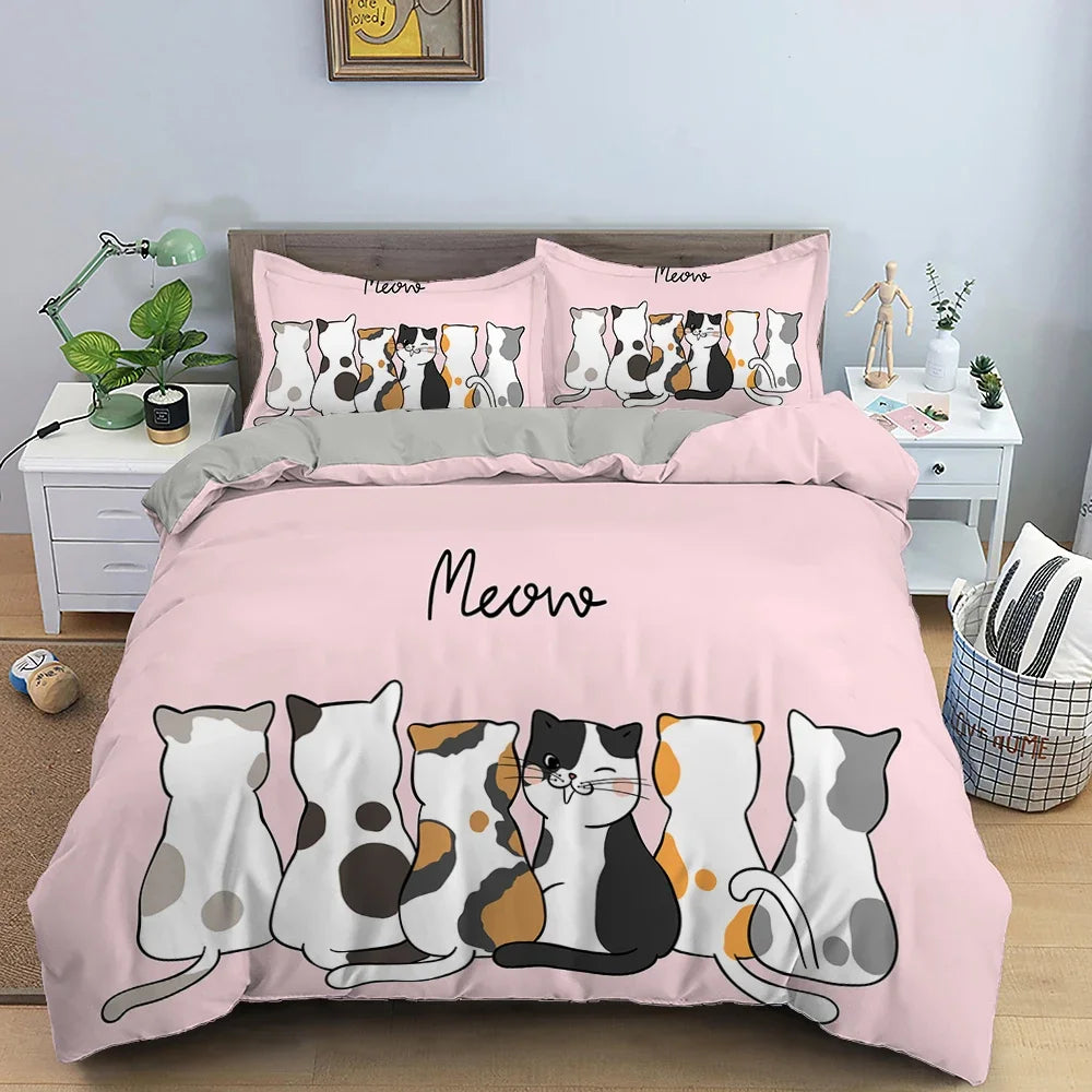 Cute Pink Pet Cats Cartoon Kitten Print Duvet Cover Pillowcase Polyester Quilt Cover for Children Women Bedroom Decoration King