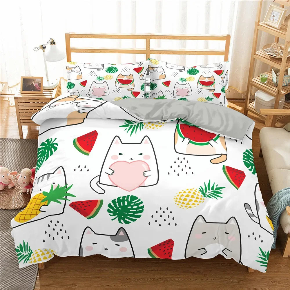 Cute Pink Pet Cats Cartoon Kitten Print Duvet Cover Pillowcase Polyester Quilt Cover for Children Women Bedroom Decoration King