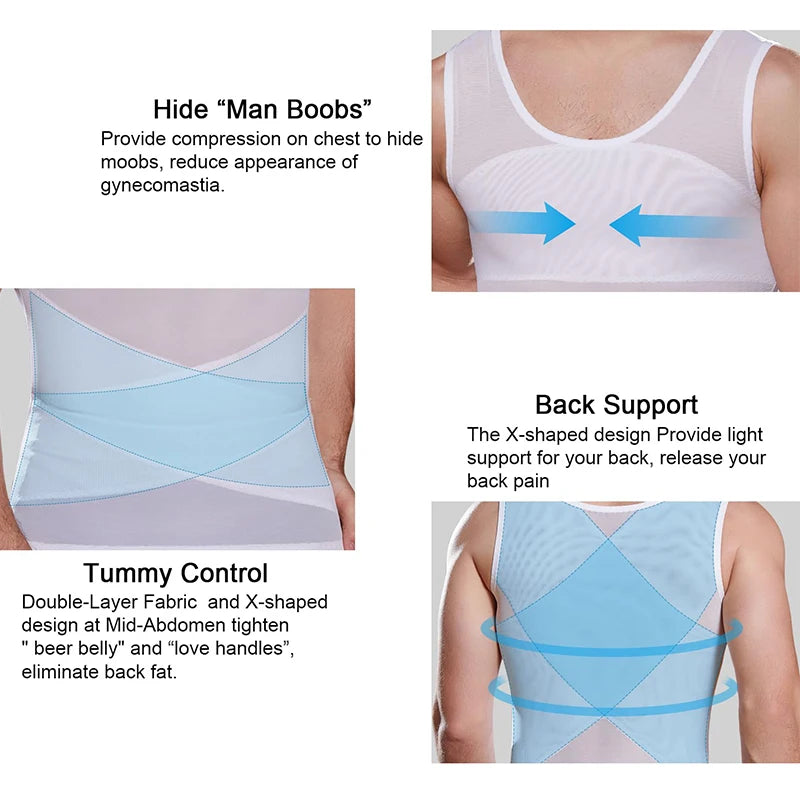 Men's Cross Mesh Vest Compression Shirts Breathable Sleeveless Tank Top Shapewear Fajas Slimming Tummy Control Body Shaper