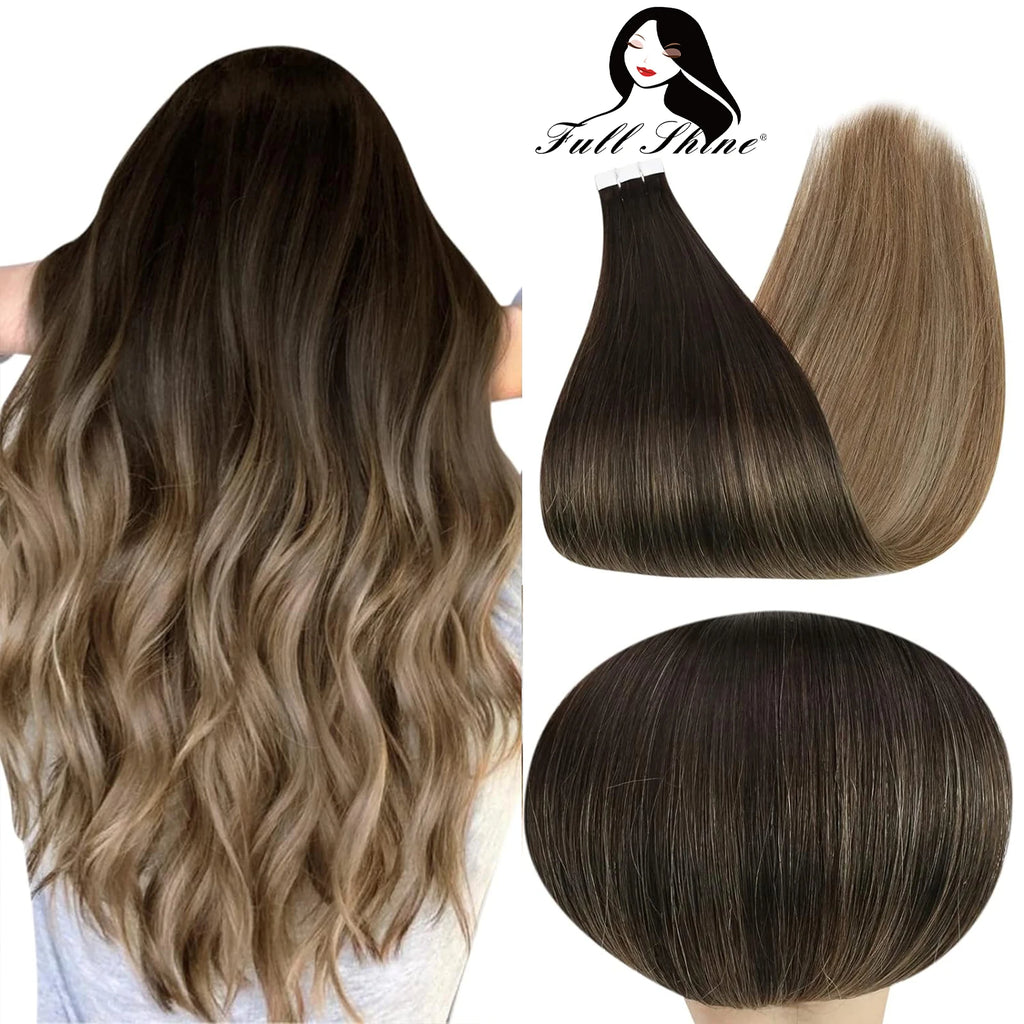 Full Shine Tape In Hair Extensions Human Hair 100% Remy Natural Human Hair Seamless Skin Weft Seamless Color Glue For Women