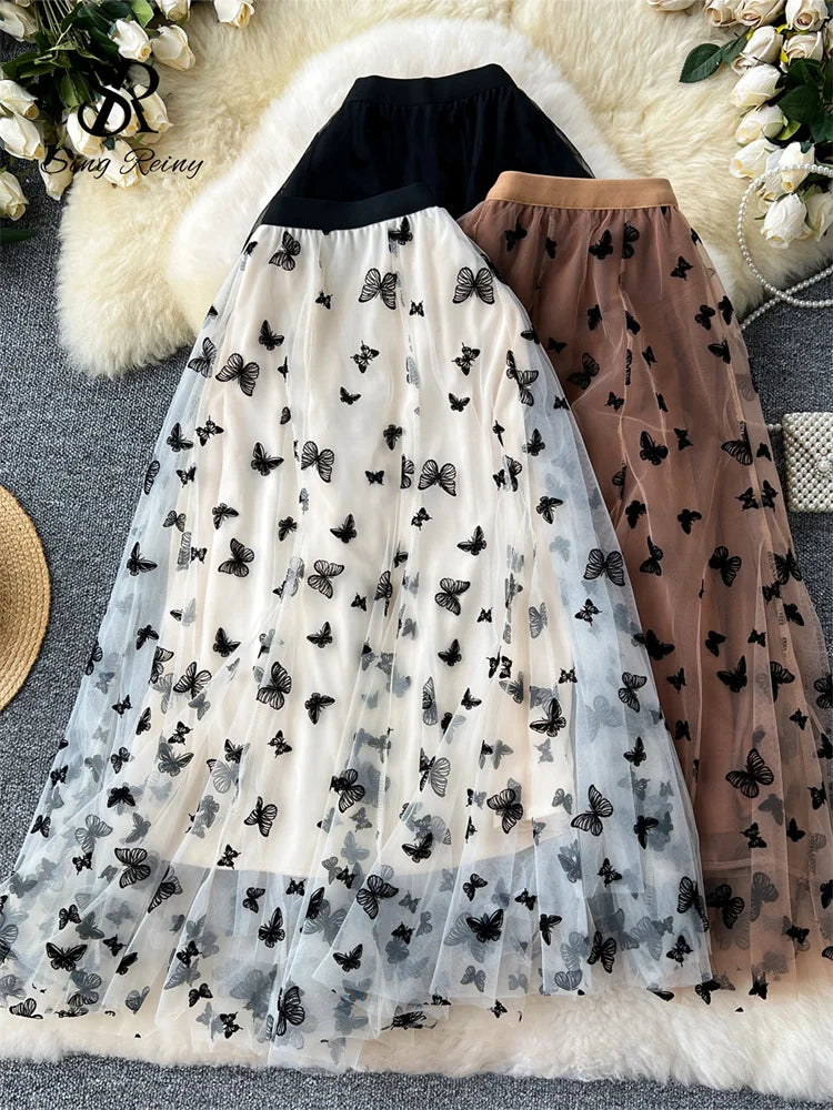 SINGREINY 2024 High Qulaity Embroidery Long Skirt Ladies Elastic Waist Butterfly Print Streetwear A Line Loose Mesh Party Skirt