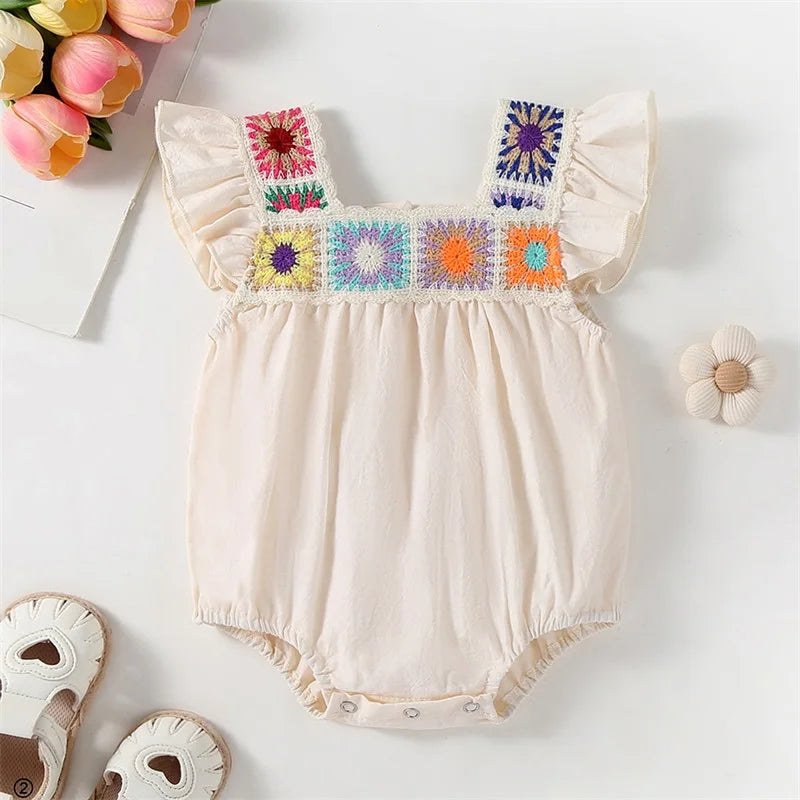 2025-02-07 Lioraitiin Newborn Baby Girl Summer Romper Fly Sleeve Square Neck Crochet Flower Bodysuit Playsuit