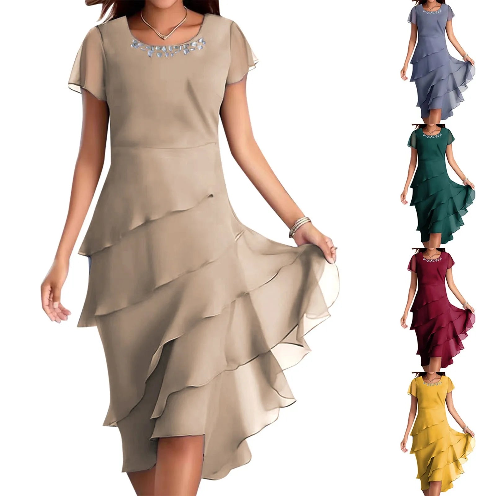 sexy chiffon puff short sleeve u neck midi dress elegant tierred layered slim fit summer dress stylish cocktail party dress