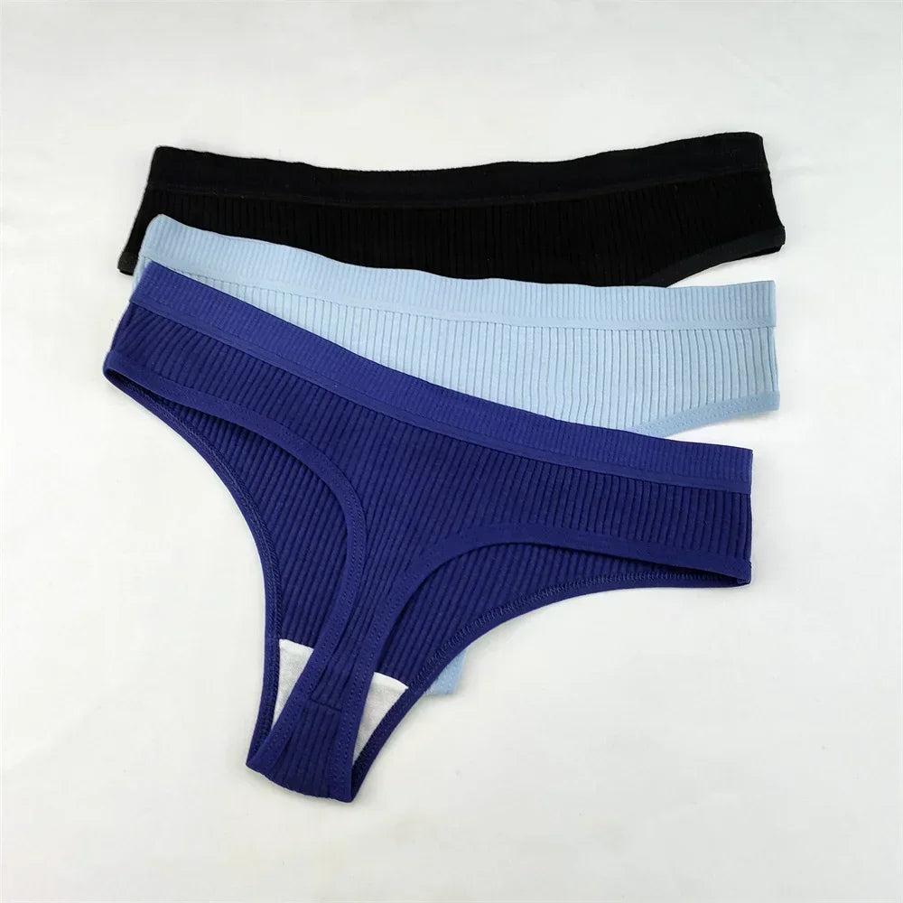 3Pcs/Set Women Thong G String Soft Ribbed Cotton Brazilian Panties Solid Color Low Rise Underwear Female Intimates Lingerie