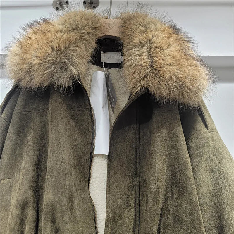 DEAT Women's Suede Coat Detachable Fur Collar Thick Plush Warm Female Short Style Jackets 2026 Winter New Fashion 29A3803