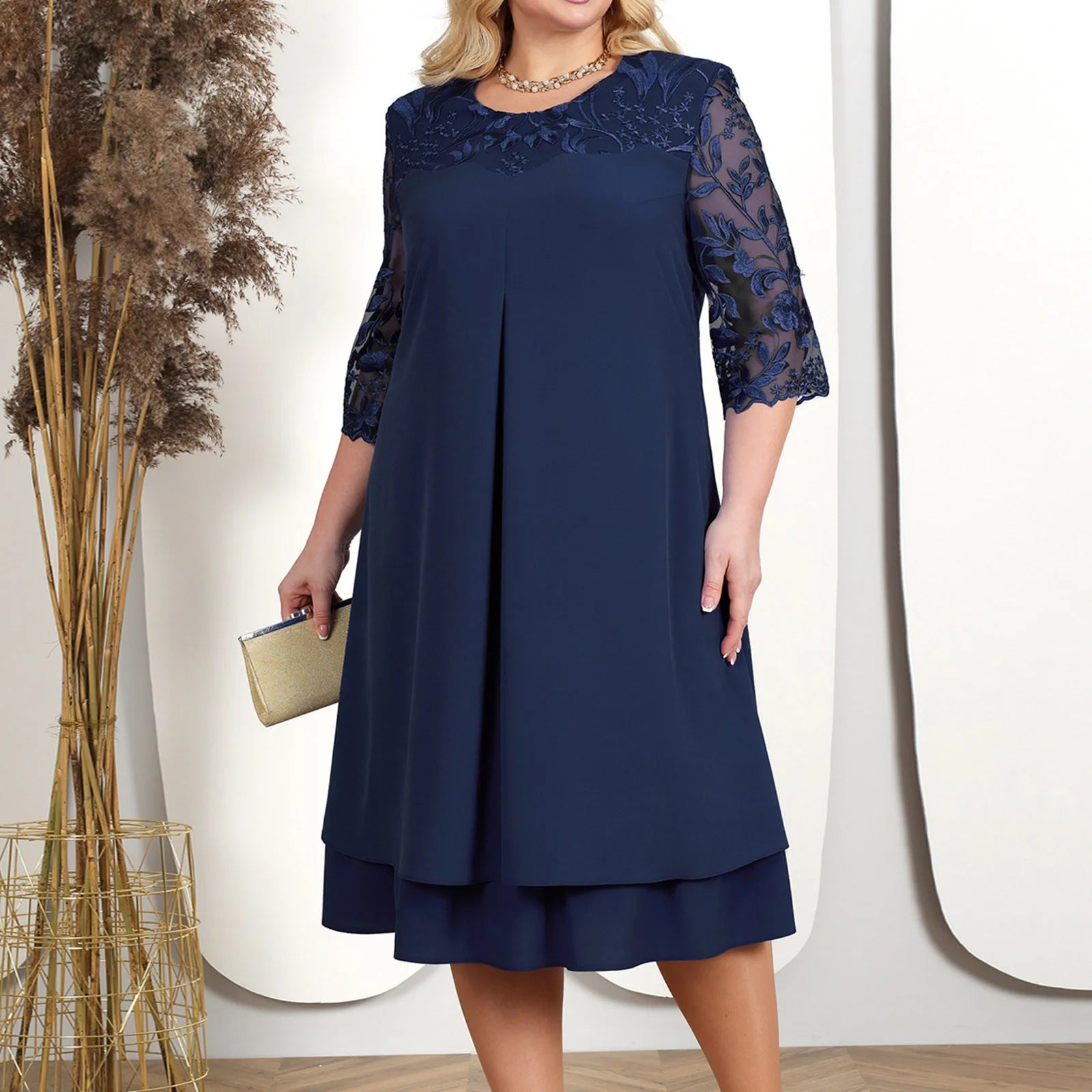 Womens Loose Elegant Formal Dress Summer Flower Embroidery O Neck Large Size Casual Chiffon Dress Wedding Festive Cocktail Dress