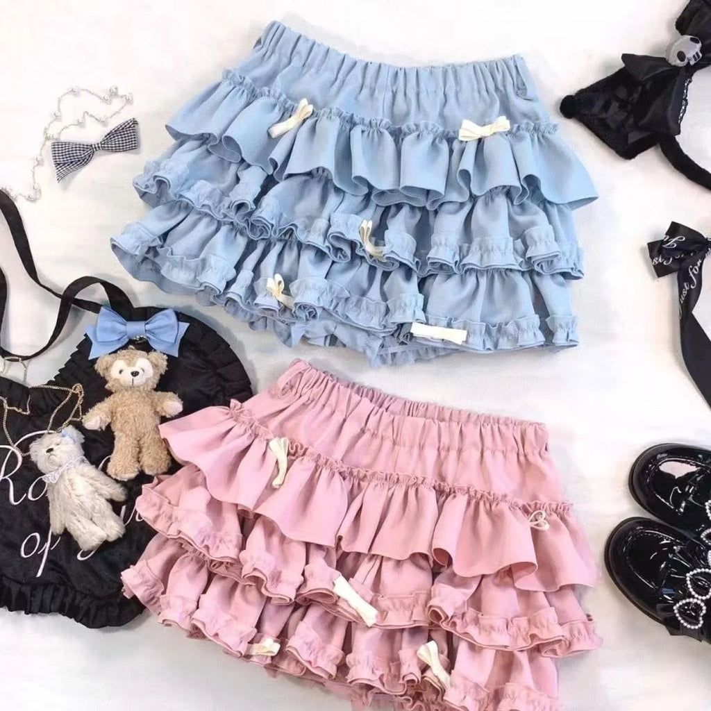 2026 Summer New Versatile Women's Clothing Blue Bow Lace Cake Tutu Mini Skirt Kawaii Pink Sweet Cute Thin A-line Skirts Ladies