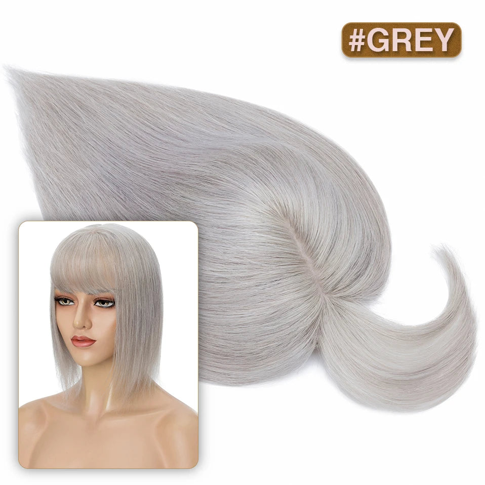 S-noilite Natural Hair Topper Wig for Women 10x12cm with Silk Base 3.5x9cm Human Hair Piece with Bangs Hair Clip Included