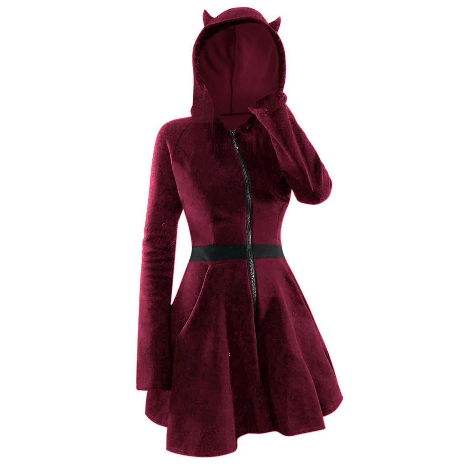 Y2k Gothic Zip Up Hooded Dress For Women Vintage Punk Long Sleeve Cat Ear Robe Harajuku Retro A Line Party Dresses Vestidos