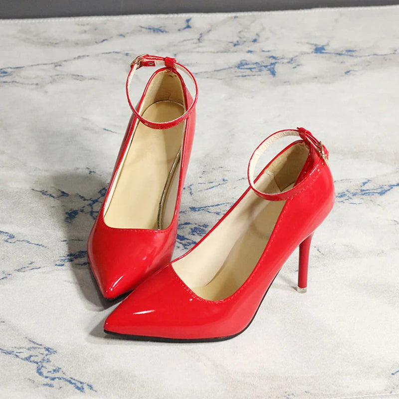 One Word Buckle High Heels 2025 Spring New Patent Leather Stiletto Heel Work Pumps Large Pointed Shallow Mouth Women's Shoes