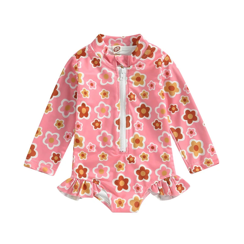 Lioraitiin Summer Kids Baby Girl Swimsuits Floral Long Sleeve Zipper Ruffles Jumpsuit Swimwear Beachwear Bathing Suits