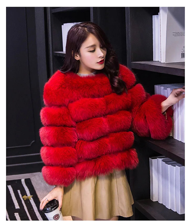 Women Faux Fox Fur Coats Zipper Short Coat Jackets Elegant Thick Warm Solid Jacket Lady Furry Outerwear Elegant Splice Winter