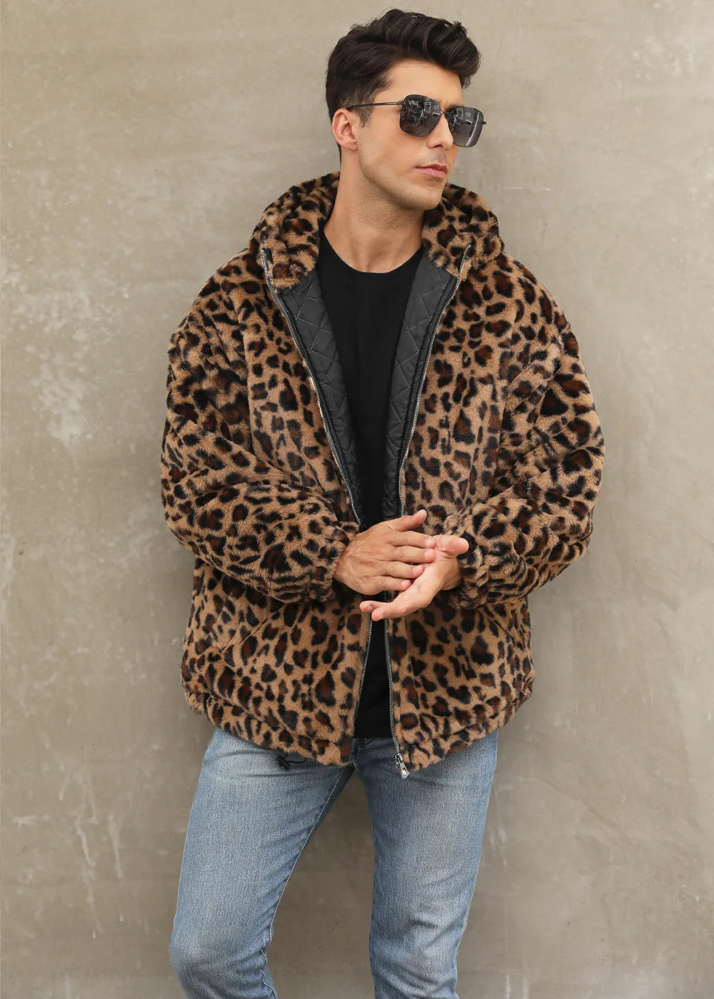 Autumn and Winter Warm Plush Leopard Print Jacket Imitation Fur Zipper Hooded Jacket for Men